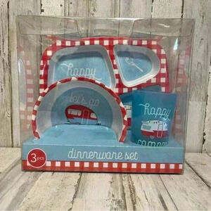 3 Piece Melamine happy camper child’s Divided Plate Bowl And Cup Set New